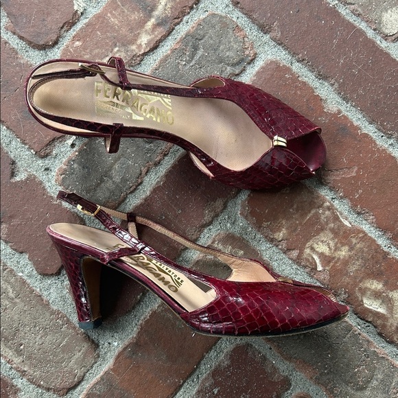 Salvatore Ferragamo Shoes - Rare Vintage Salvatore Ferragamo Snakeskin Slingback Peep Toe Heels